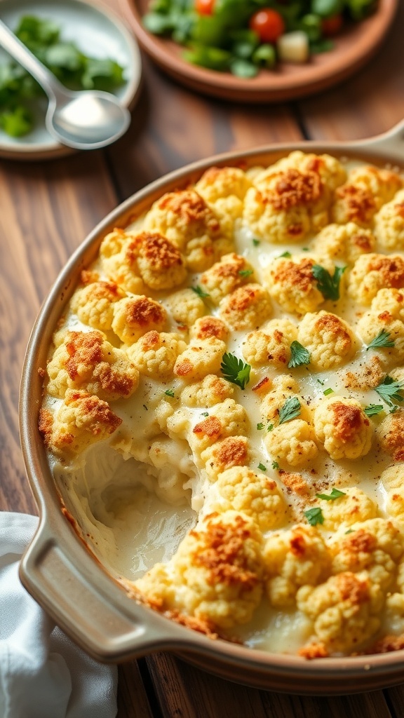 Cheesy cauliflower au gratin with a golden breadcrumb topping, garnished with parsley, in a rustic dish on a wooden table.